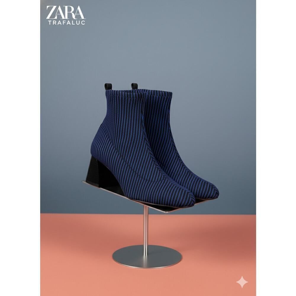 Zara Trafaluc Blue Black Knit Pull-On Block Heel Ankle Boots Booties 36 US 6